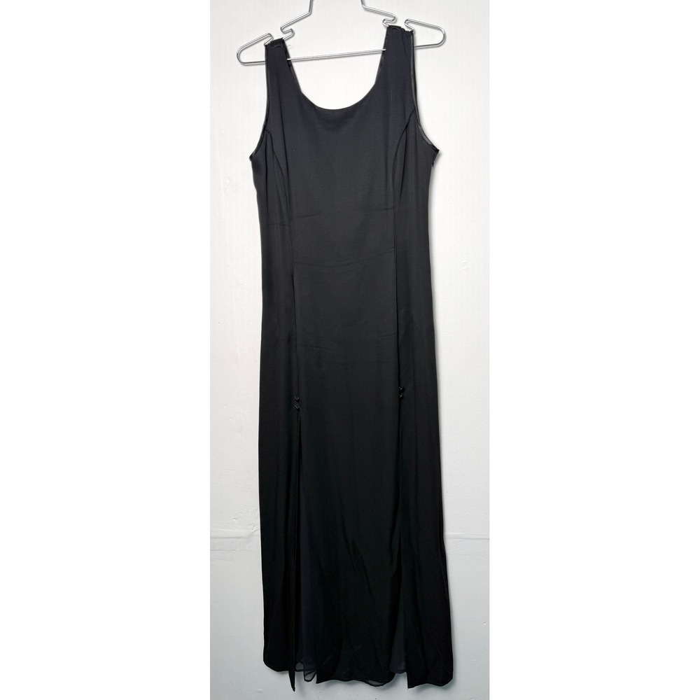 Black Maxi Dress Satin Bow Back Sheer Slits Scott McClintock Petites Size 12